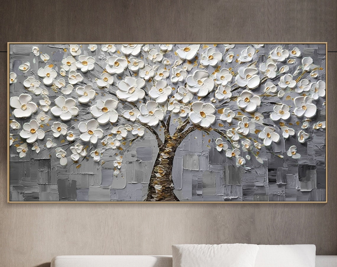 White Blossom Tree On Gray Textured Background Floral Art Poster