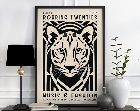 Vintage Art Deco Poster 1920s Roaring Twenties Tiger Wall Art French Home Decor Luxury Wall Art In Black And Beige Colors