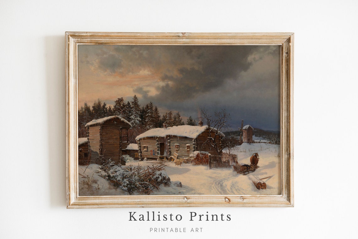 Rustic Log Cabin Farmstead At Winter Dusk With Horse Sleigh Poster