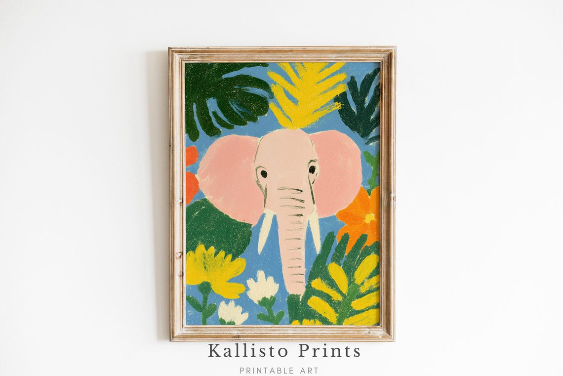 Pink Elephant Tropical Jungle Floral Kids Nursery Animal Wall Art