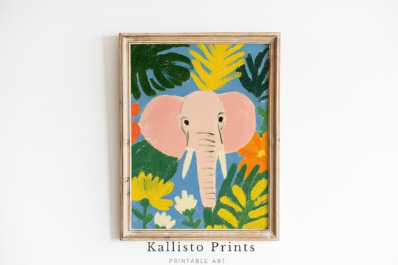 Pink Elephant Jungle Print Bold Tropical Wall Art For Kids Room Or Nursery Colorful Safari Animal Decor Instant 1291