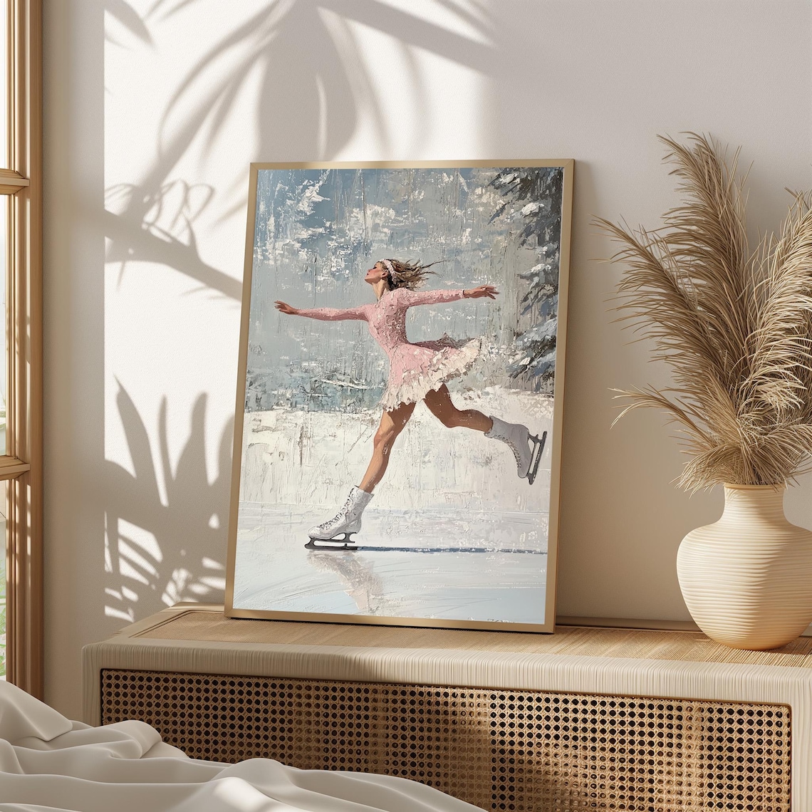 Elegant Ice Skater Pink Dress Snowy Rink Graceful Winter Sports Poster