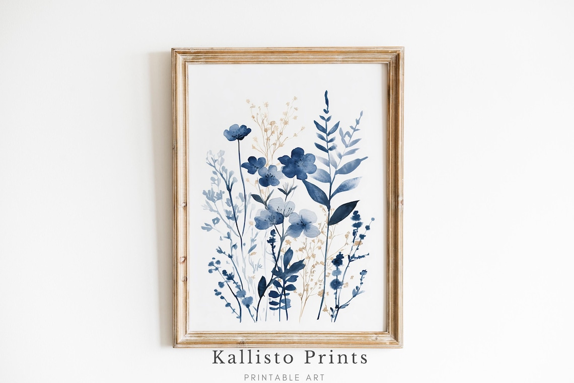 Watercolor Blue Wildflowers Poster Neutral Botanical Minimalist Art
