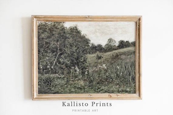 Rustic Countryside Meadow Art Print Lush Green Landscape Wall Nature Decor Botanical Illustration Tranquil Rural Scene220