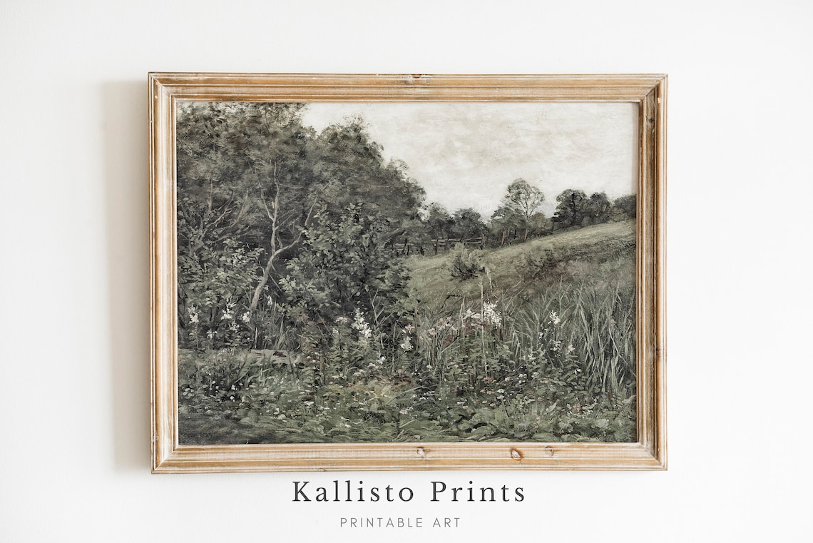 Rustic Countryside Meadow Painting Lush Green Vintage Landscape Poster