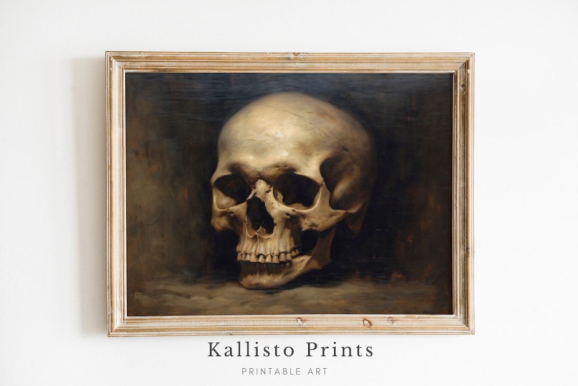 Moody Human Skull Painting Dark Academia Vintage Gothic Still Life Poster