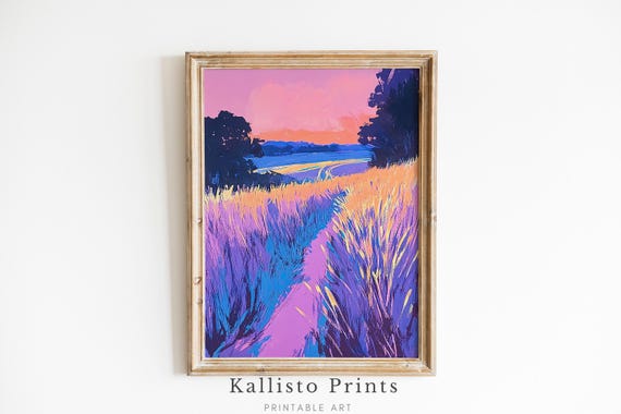 Vibrant Sunset Path Abstract Landscape Wall Art Purple And Orange Natureinspired Home Decor 357