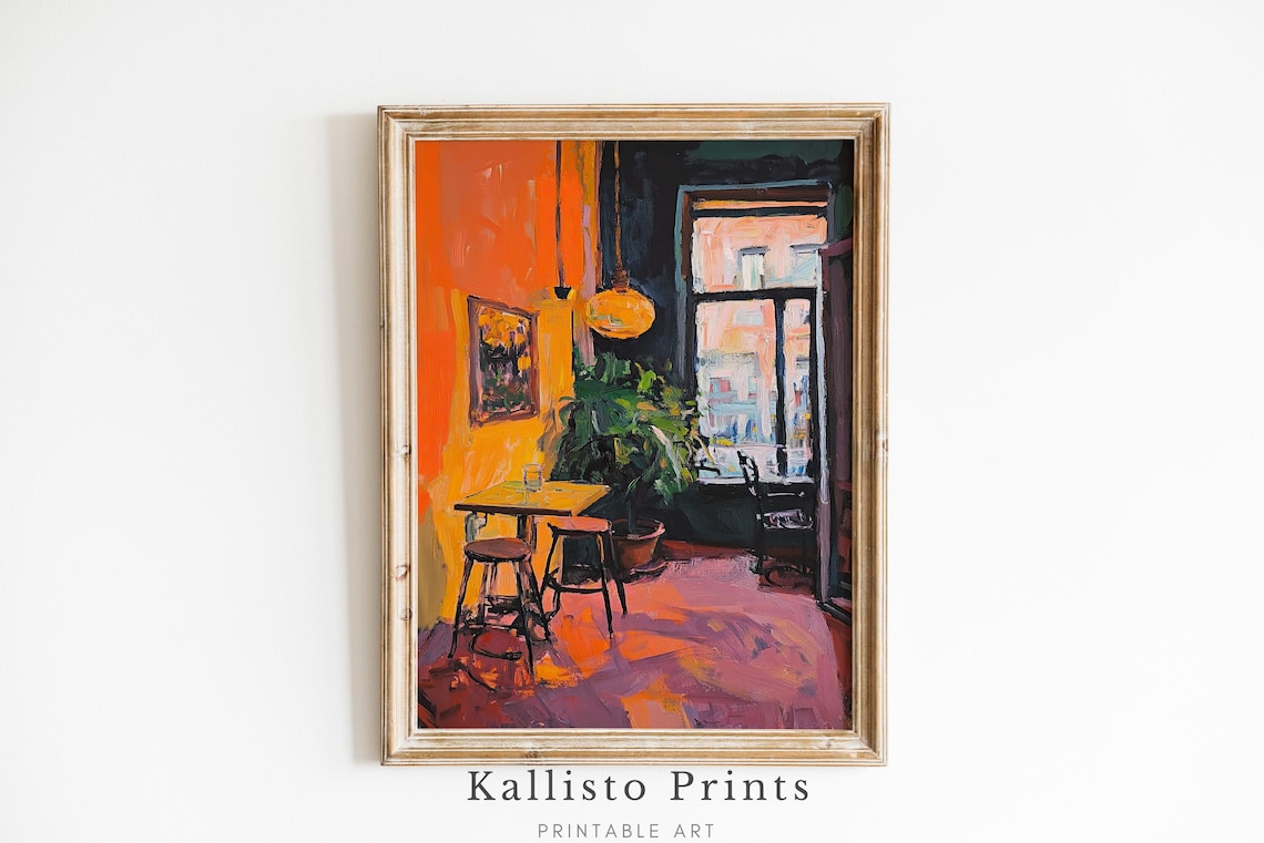 Sunlit Cafe Interior Impressionist Painting Orange Walls Art Poster