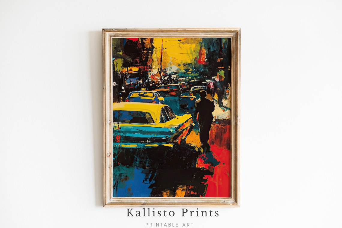 Abstract City Street At Night Yellow Taxis Bold Urban Wall Art