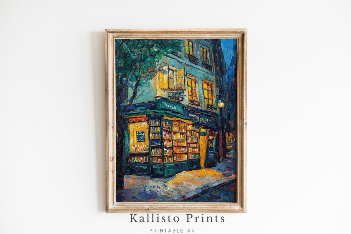 Paris Bookstore Oil Painting Print Cozy Literary Night Scene Vintage Bookshop Wall Art Warm Book Lover Gift European Street 946