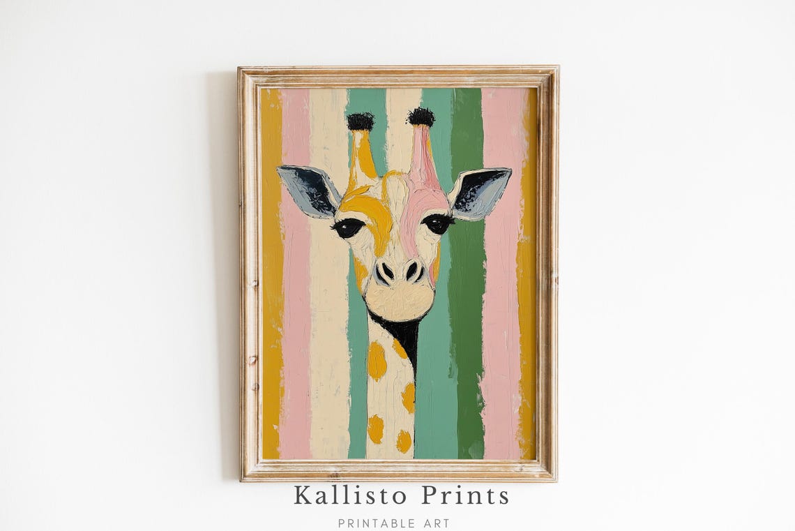 Cute Colorful Giraffe Face Pop Art Pastel Stripes Nursery Wall Art