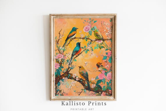 Colorful Bird Wall Art Floral Songbird Print Vintage Botanical Illustration Nature Lover Gift 982