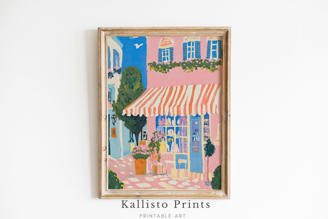 Pink Bakery Storefront Coral Striped Awning Pastel French Cafe Poster
