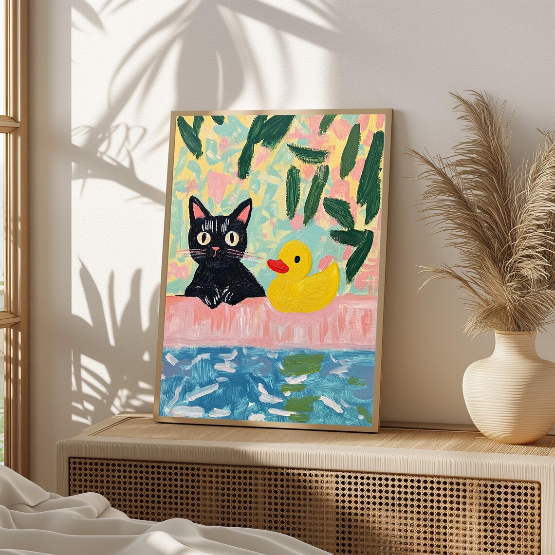 Black Cat and Rubber Duck Playful Bath Time Funny Art Poster