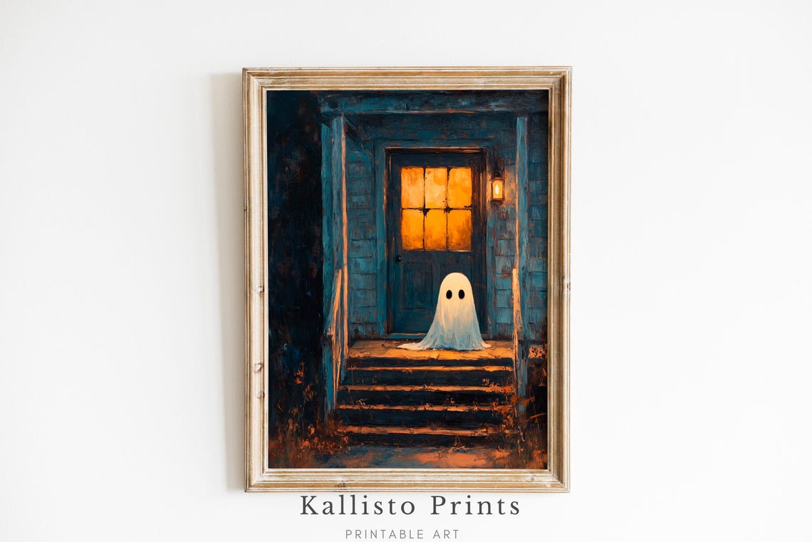 Cozy Front Porch Halloween Art Print, Spooky Autumn Scene