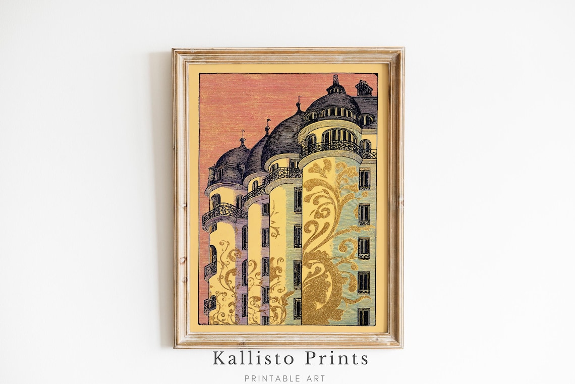 Gilded Art Nouveau Turret Building Golden Floral Sunset Wall Art