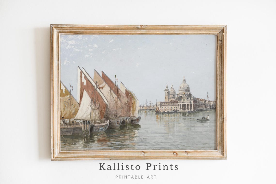 Venice Harbor Painting Vintage Sailboats Italian Coastal Scene Poster