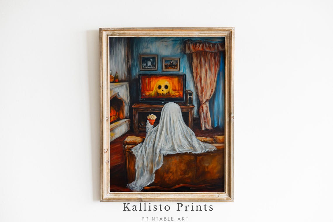Ghost Watching TV Popcorn Cozy Halloween Horror Living Room Poster