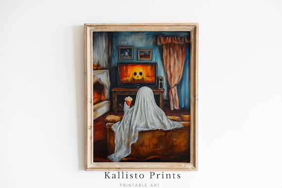 Ghost Watching TV Popcorn Cozy Halloween Horror Living Room Poster