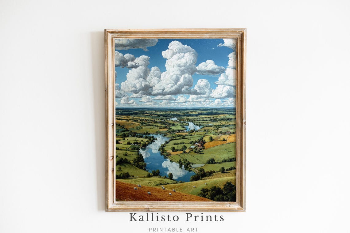 Pastoral River Valley Aerial Patchwork Fields Lake Countryside Poster