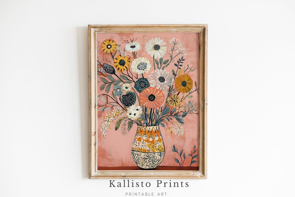Handpainted Floral Vase With Boho Flower Bouquet Still Life Poster