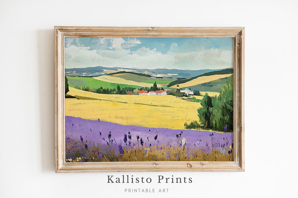 Lavender Wheat Fields Village Vintage Rolling Hills Art Poster