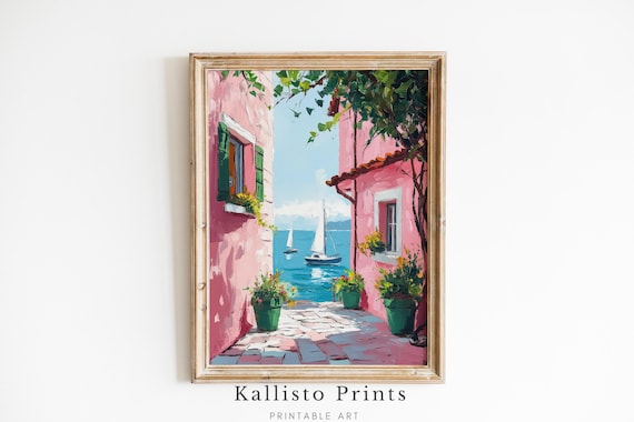 Sunny Pink Alley With Sailboats Mediterranean Seaside View Poster