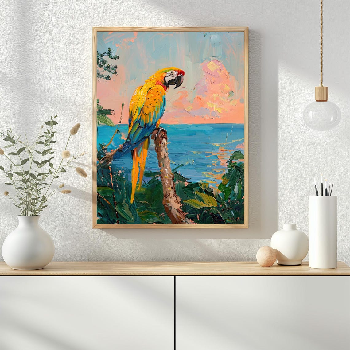 Vibrant Colorful Macaw Parrot Over Tropical Beach Sunset Poster