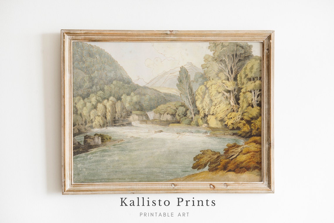 River Landscape Art Serene Waterfall Scene With Forest And Mountains Nature Wall Decor Vintage Illustration Download31