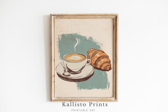 French Caf Coffee And Croissant Print Vintage Wall Art Rustic Kitchen Decor 405