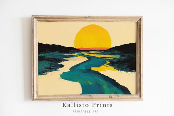 Abstract Sunset Wall Art Bold River And Sun Minimalist Landscape Artwork
