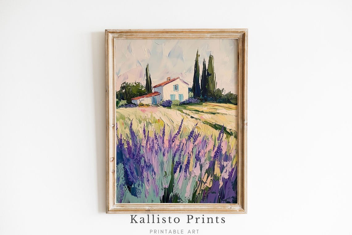 Stone Cottage Lavender Fields Cypress Trees Morning Light Poster