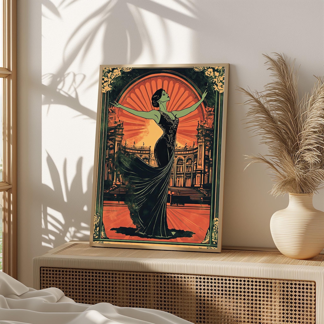 Art Deco Woman Black Gown Orange Sunburst Vintage Glamour Poster