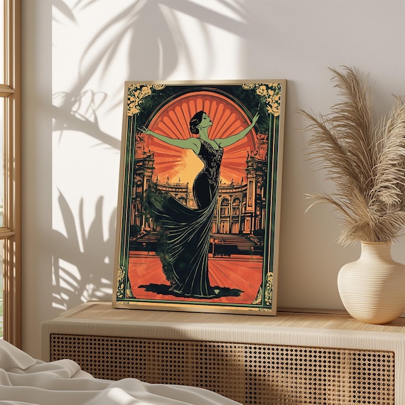 Art Deco Woman Black Gown Orange Sunburst Vintage Glamour Poster