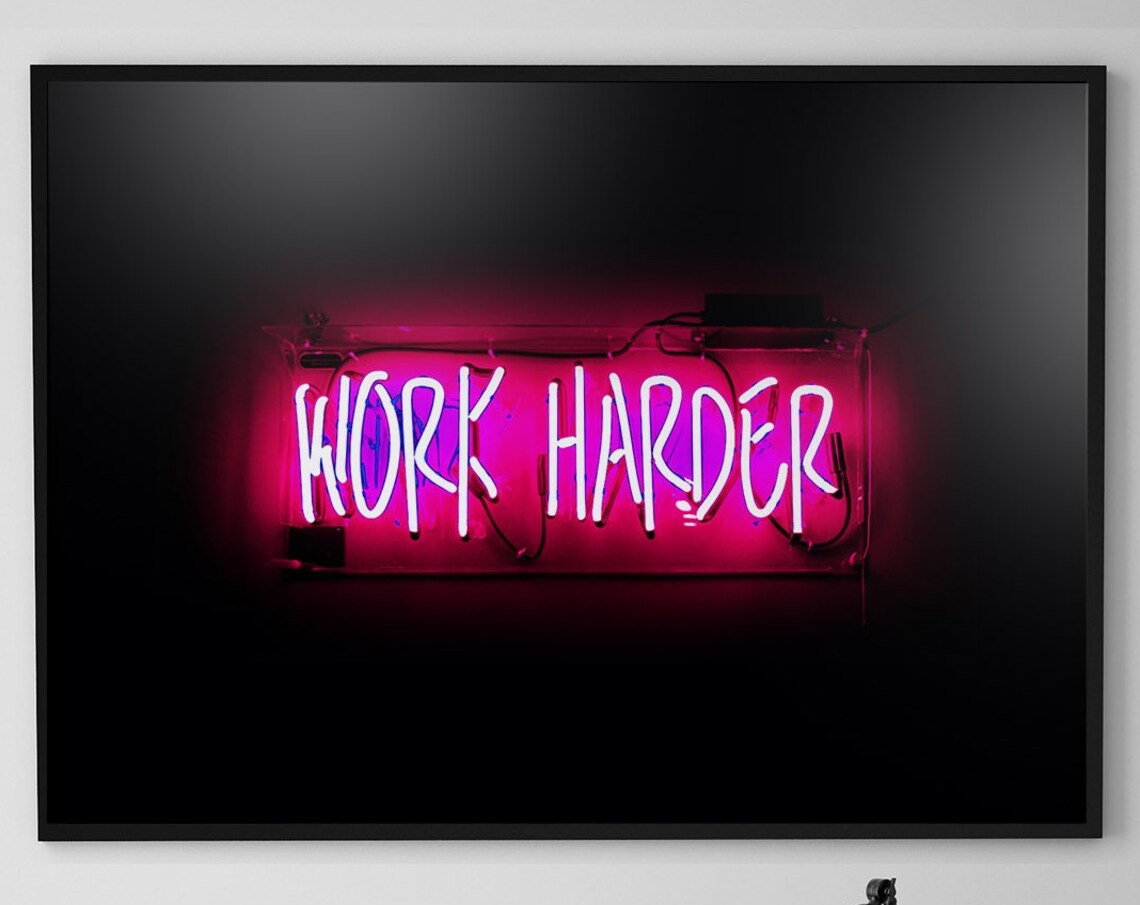 Work Harder Neon Landscape Art Print, Pink Modern