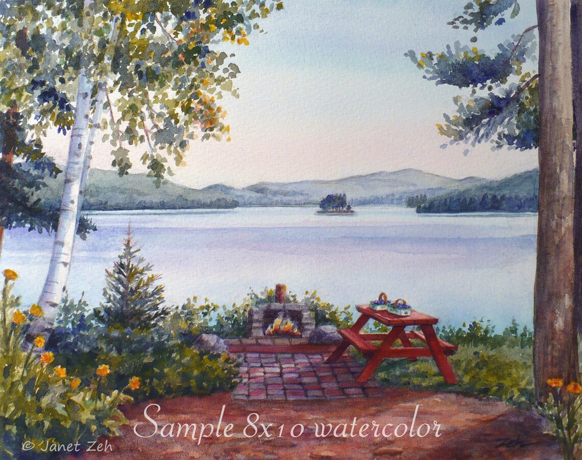 Custom Watercolor Mountain Lake Landscape Art Print, Janet Zeh