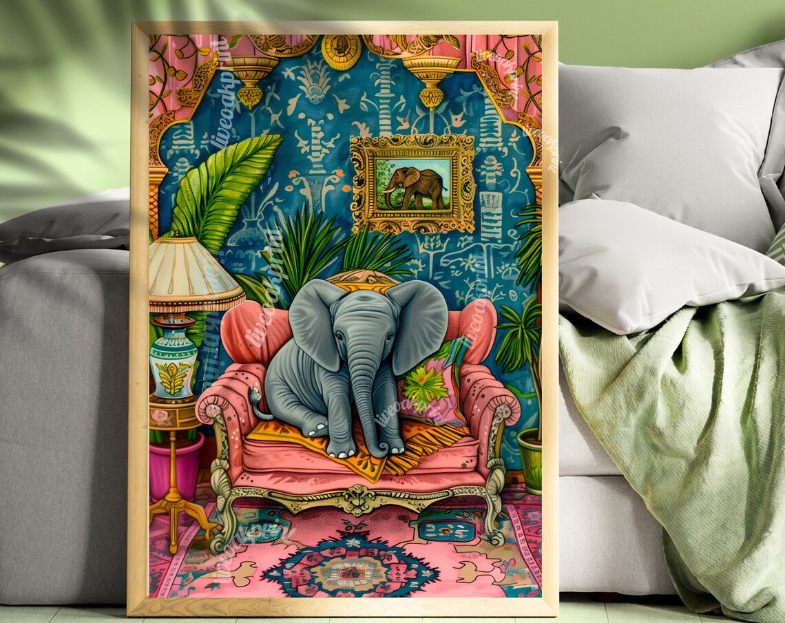 Baby Elephant On A Sofa Poster, Maximalist Nursery