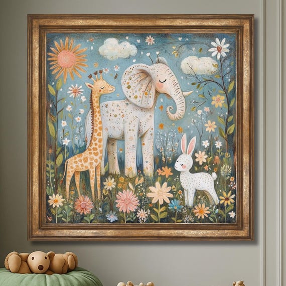 Whimsical Safari Animal Wall Art Print Elephant Giraffe Bunny In Floral Meadow Boho Nursery Decor Playful Nature Illustration