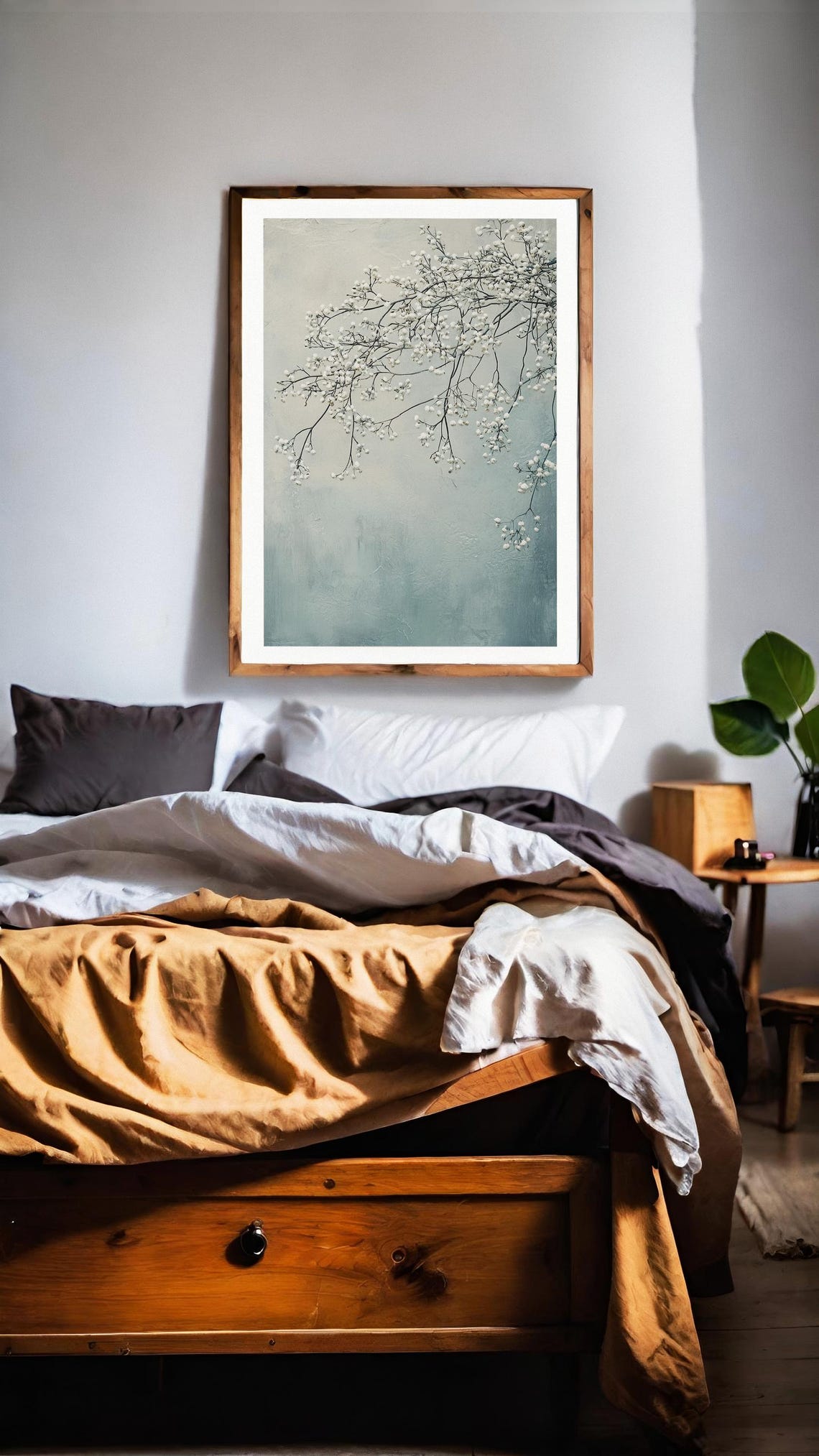 White Blossom Branches Misty Pale Blue Minimalist Home Decor Poster - Image 2