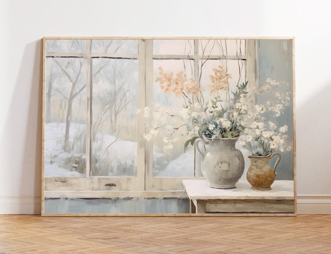 White Wildflowers in Vases by Snowy Window Soft Watercolor Poster