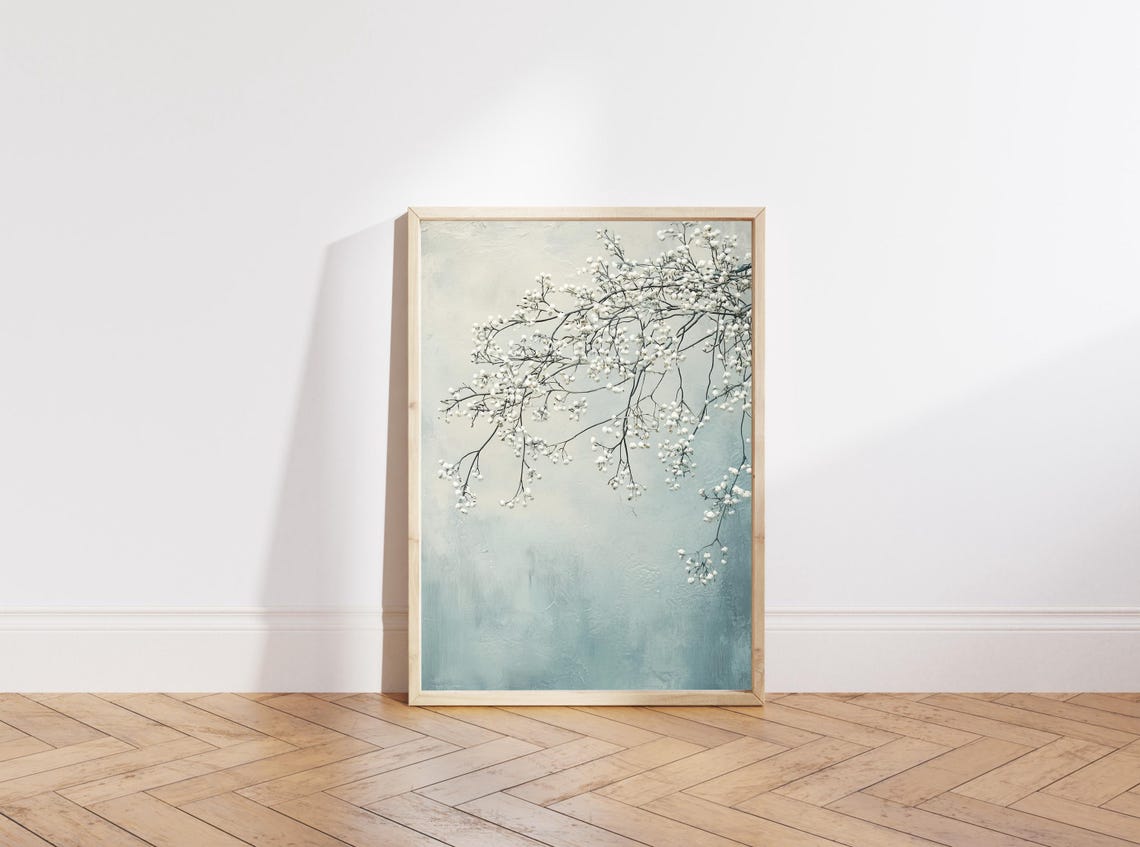 White Blossom Branches Misty Pale Blue Minimalist Home Decor Poster - Image 3
