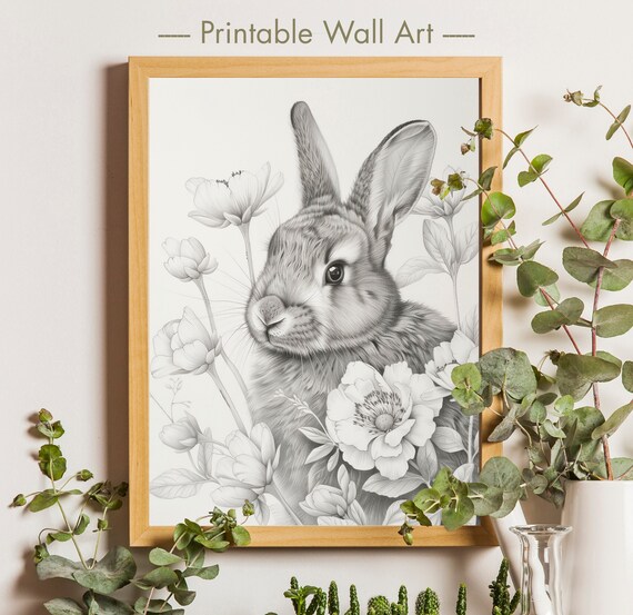 Pencil Sketch Rabbit with Flowers Neutral Monochrome Nursery Wall Art