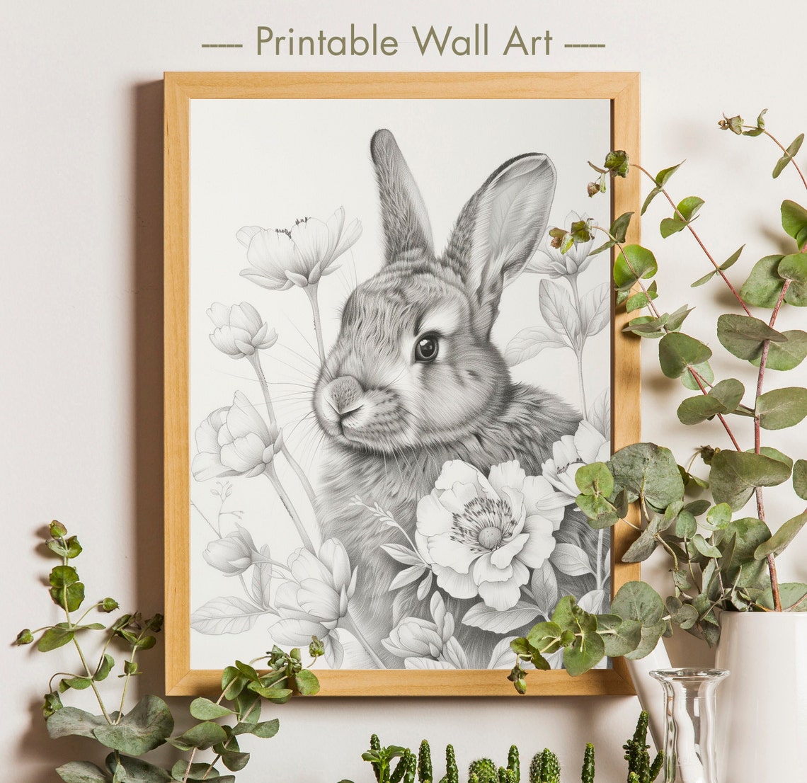 Pencil Sketch Rabbit with Flowers Neutral Monochrome Nursery Wall Art