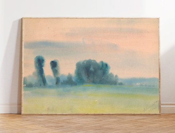 Watercolor Trees Print Watercolor Landscape Painting Aesthetic Room Decor Green Watercolor Wall Art Soft Green Art