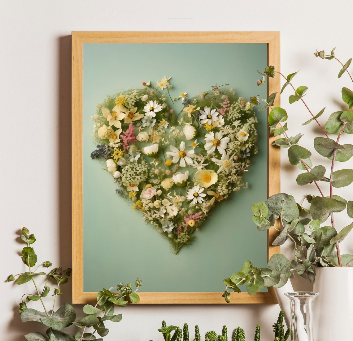 Wildflower Heart Bouquet on Sage Green Romantic Botanical Poster