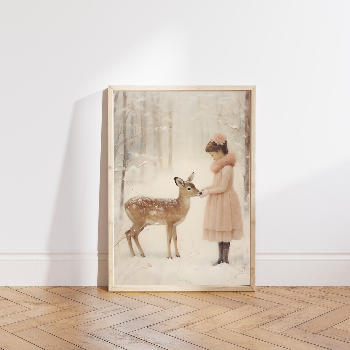 Little Girl With Baby Deer In The Snowy Winter Forest Poster - Image 4