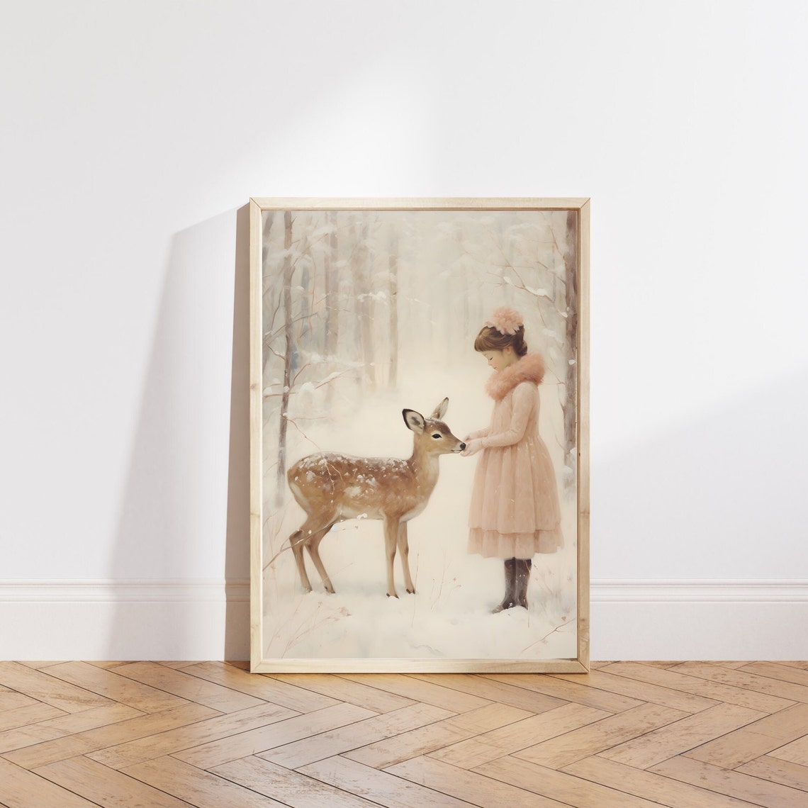 Winter Baby Deer With Girl Illustration Christmas Nursery Wall Art Deer Painting Christmas Nursery Room Decor Woodland Animal Art - Image 4