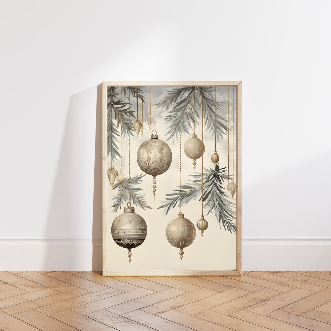 Champagne Baubles Hanging with Frosted Pine Branches Holiday Poster - Image 5