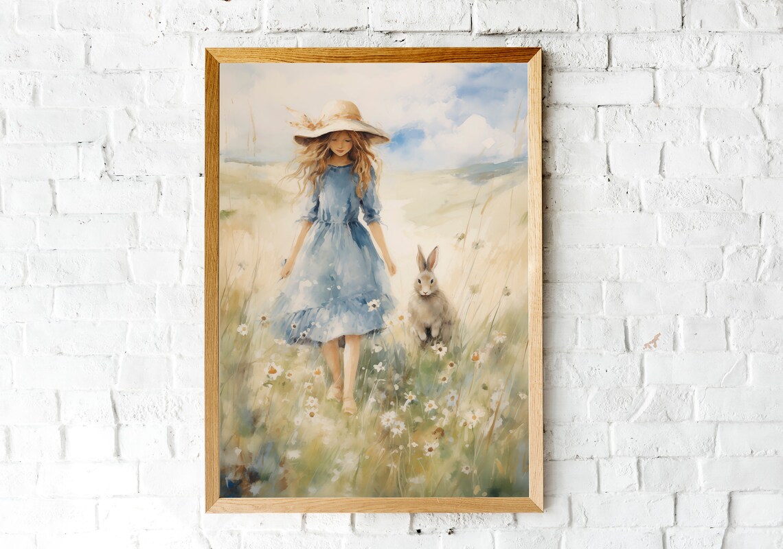 Girl in a Meadow with a Grey Bunny Summer Watercolor Wall Art - Image 2