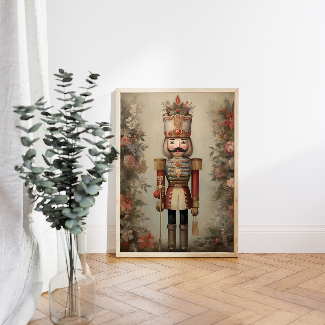Nutcracker Soldier with Berry Crown Floral Background Poster - Image 4
